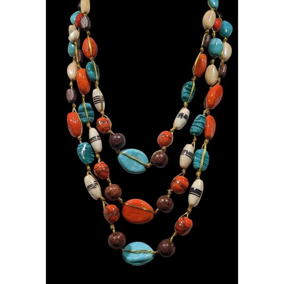 Bohemian Multilayer Blue And Orange Glass And Wood Beaded Necklace - Picture 6 of 10